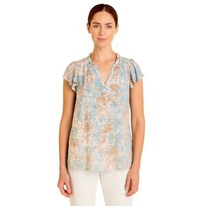 41 Hawthorn Flutter Sleeve Blouse Size Large NWT Blue Floral Pullover Top
